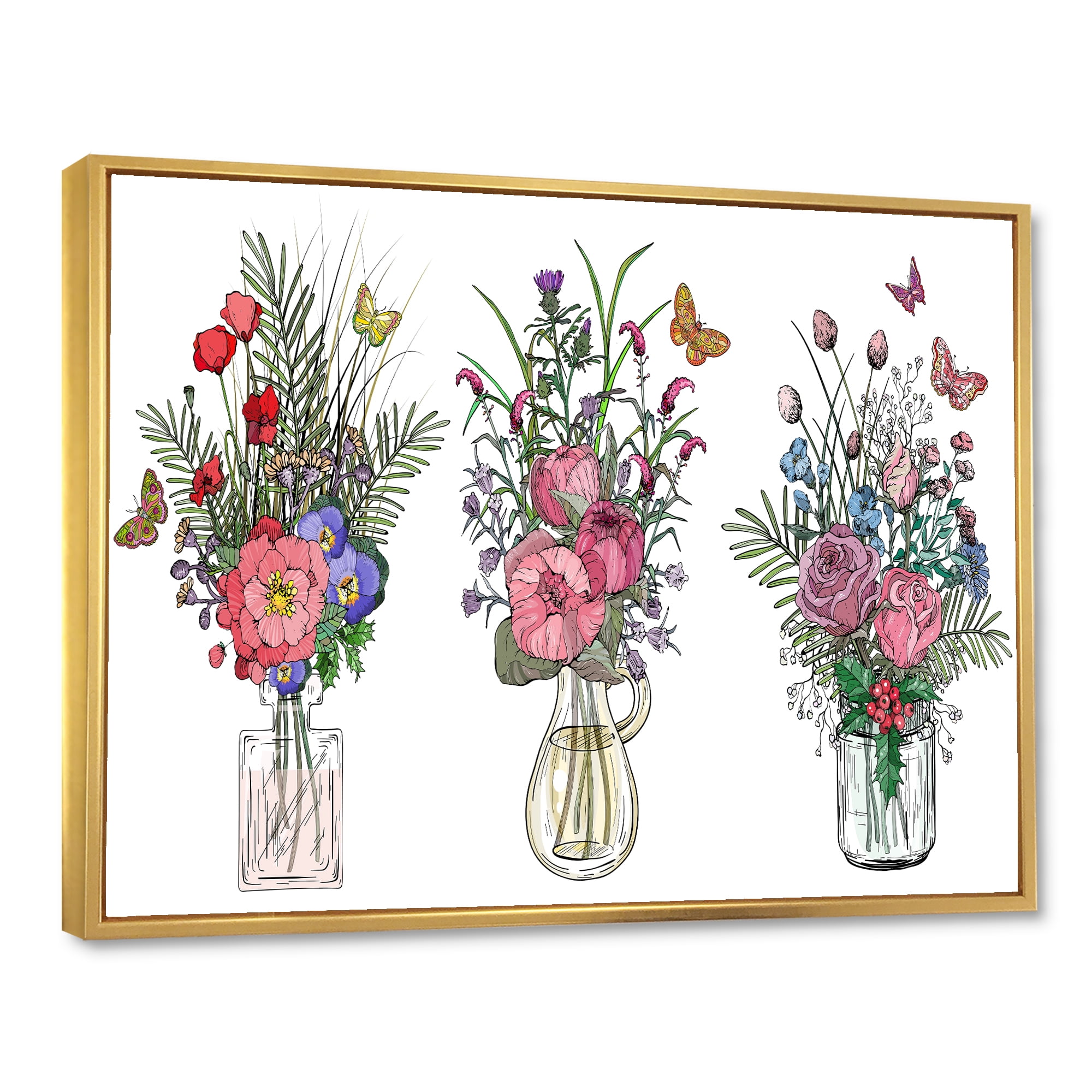 Designart 'Transparent Vases With Bouquets of Wildflowers II' Farmhouse Framed Canvas Wall Art Print