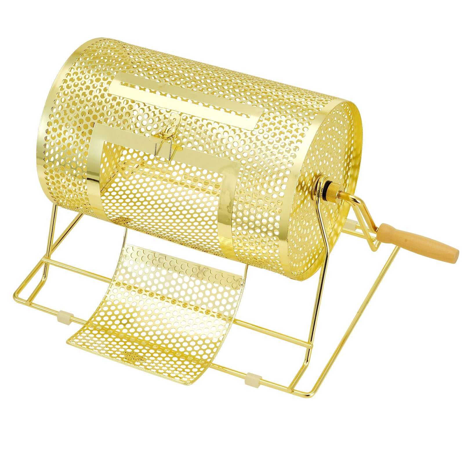 Raffle Drum, Holds 2500 Tickets or 100 Ping Pong Balls, Metal Lottery Spinning Drawing with Wooden Turning Handle,11.6 x Ø7.48 inch Brass Plated Raffle Ticket Spinning Cage, for Bingo Ballot