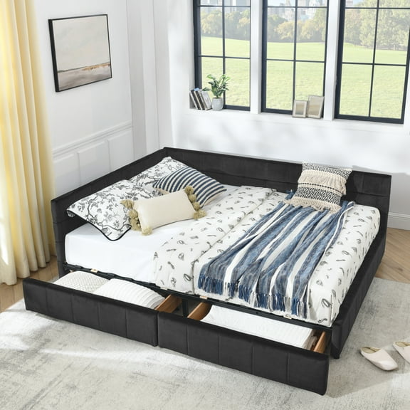 Queen Size Upholstered Daybed with 2 Storage Drawers, Velvet L Shaped Day Bed with Upholstered Armrest, Modern Corner Sofa Bed Frame for Bedroom, Living Room, Black