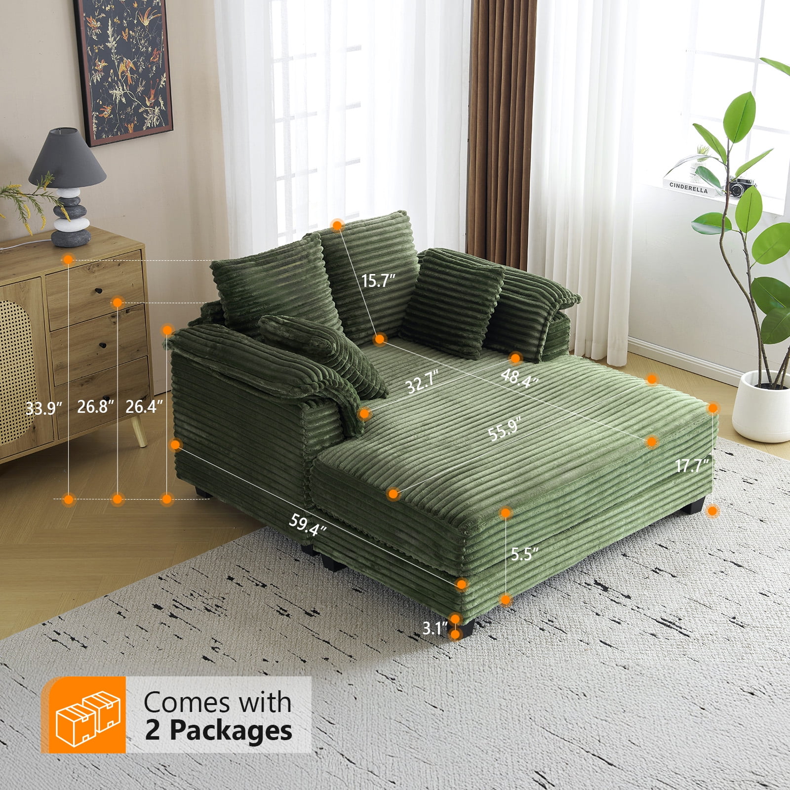 Ktaxon Corduroy Sofa Bed, Upholstered Comfy Sleeper with Pillow Arms, Lounge Chair with Lumbar Support Pillows, Ideal for Small Spaces Olive Green