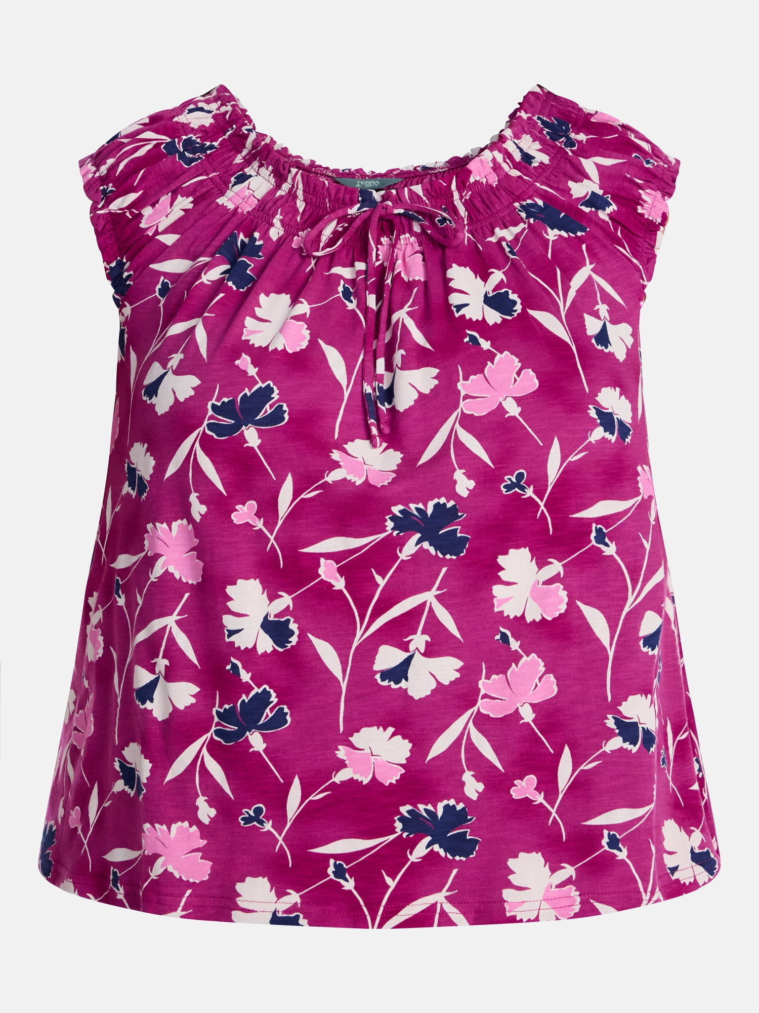 Terra & Sky Women’s Plus Smocked Tie Front Sleeveless Cotton Top, Sizes 0X-5X
