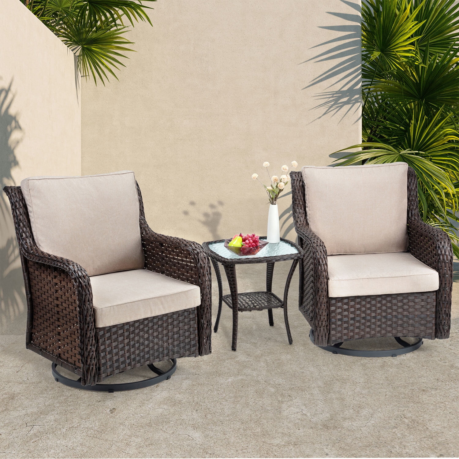 Yartaka Outdoor Swivel Rocker Patio Chairs Set, 3 Piece Wicker Patio