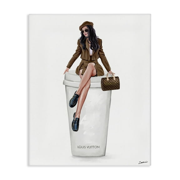 Stupell Industries Lovely Lady on Coffee Cup People Painting Wrapped Canvas Art Print Wall Art, 16 x 20