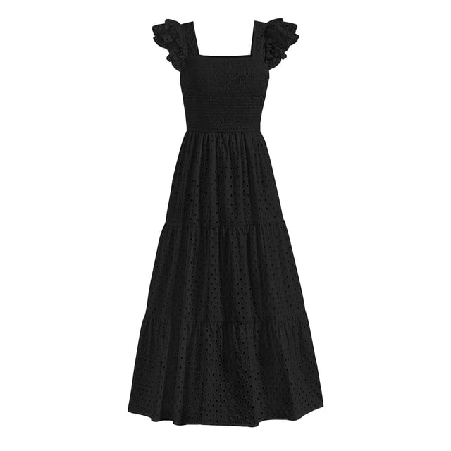 Vestido largo PRETTYGARDEN para mujer, cuello cuadrado, de verano, negro, XXL