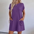 thumbnail image 2 of Womens Summer Casual Romper Short Sleeve Back Zipper Crewneck Shorts Overalls Jumpsuit with Pockets Outfits Purple XXL(XXL), 2 of 7