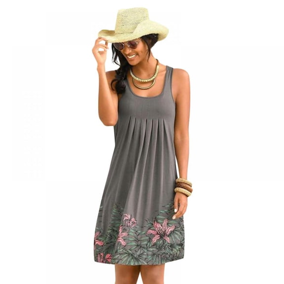 Womens Casual Sundress Floral Pleated Summer Knee Length Tank Sleeveless Sun Dresses Plus Size Mini Dresses,2XL-5XL