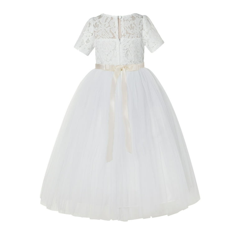 open lace back dress Blue Satin Long Princess Dress, Lovely Short Sleeve Ball Gown Sweet 16