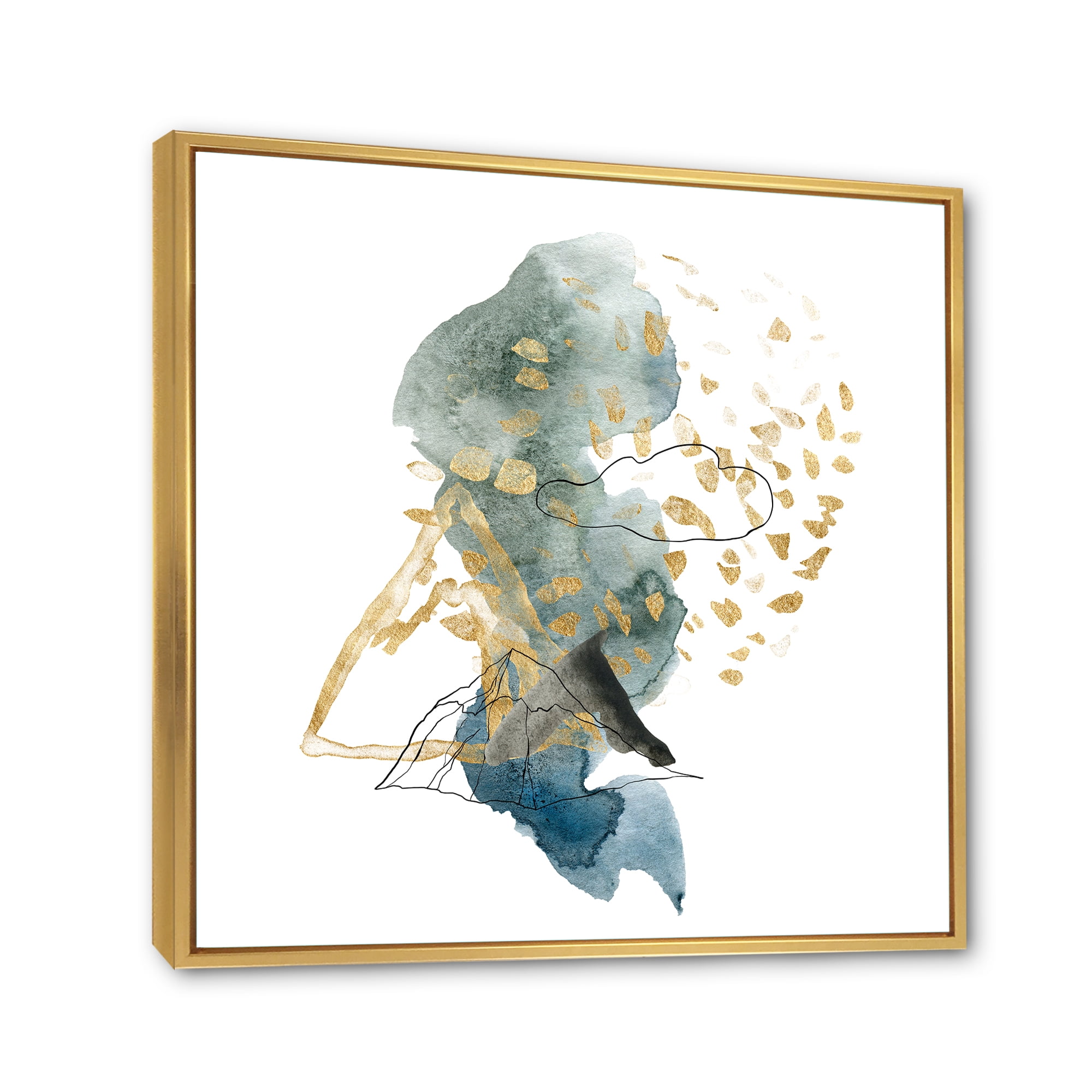Gold Strokes and Landscape of Dark Blue Mountains I 36 in x 36 in Framed Painting Canvas Art Print, by Designart