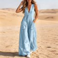 thumbnail image 6 of Women's Fashion Casual Solid Color Deep V Halter Neck Sleeveless Jumpsuit Ruched Detail Pockets Long Pants One Piece Light Blue XL(XL), 6 of 7