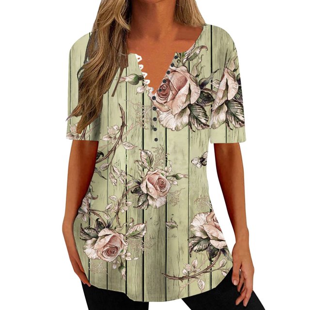 Gibobby Camiseta de Manga Corta con Cuello en V Camisas verano para mujer, camisetas manga corta con cuello en V estampado 2023, camisetas con estampado floral, tú(Verde,CH)