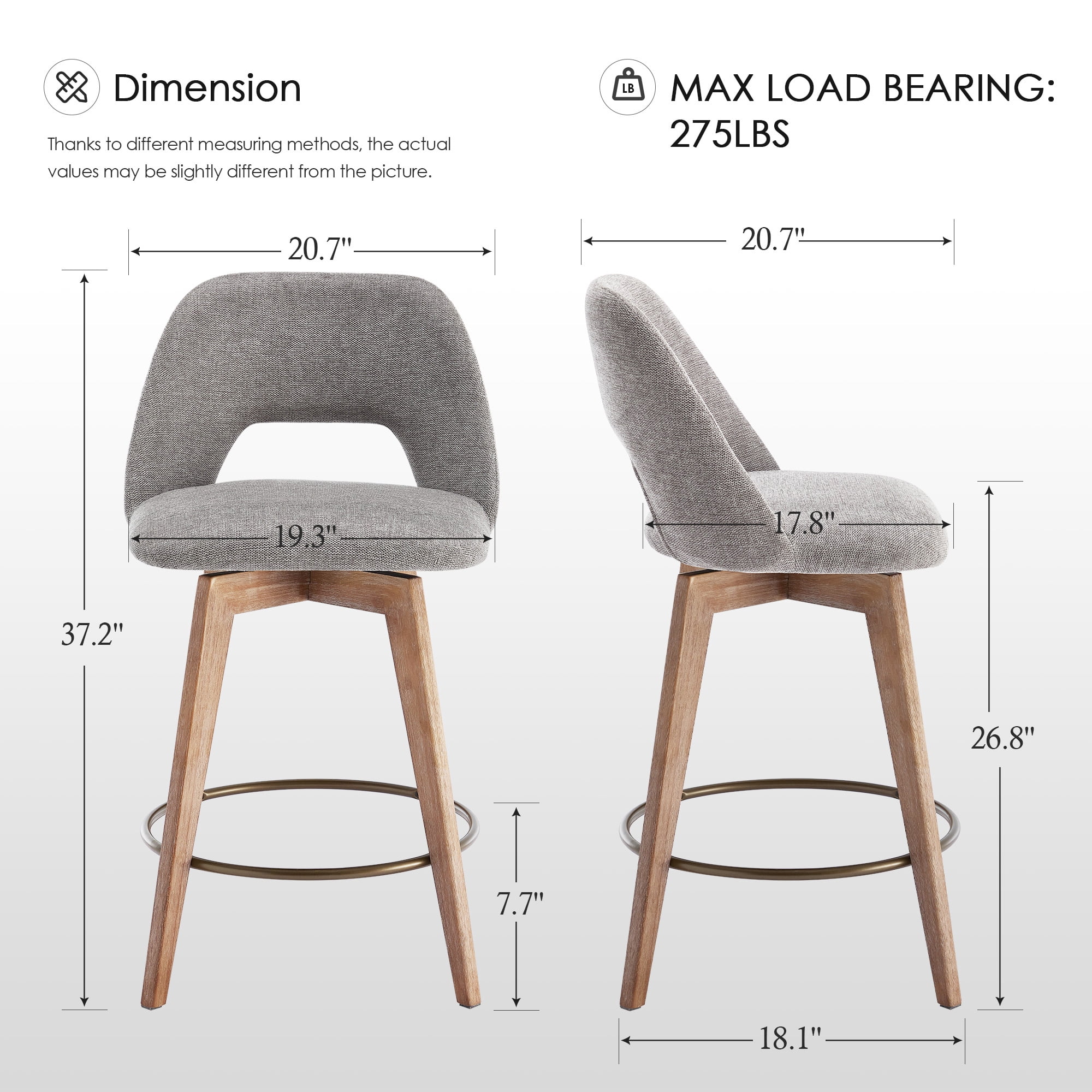 Zesthouse 26.8" Swivel Bar Stools Set of 2, Linen Upholstered Counter Height Stools with Open Back and Brushed Wooden Legs, Mid Century Barstools Kitchen Bar Chairs for 36"-39" Countertop, Gray