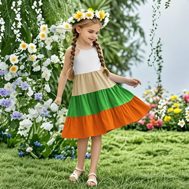 Pisexur Robes Fille Robes Mignonnes pour Filles Robe d'Été Bohème Sans Manches à Bretelles Smockée à Volants Orange, 9 Ans