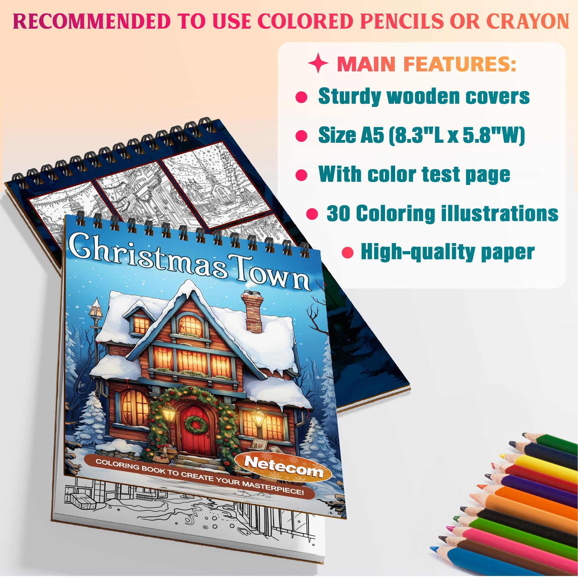 Netecom Christmas Town Coloring Book Spiral Bound For Adults, A5 Wooden Cover, 30 Beautiful Coloring Pages of Christmas Towns for Stress Relief and Relaxation