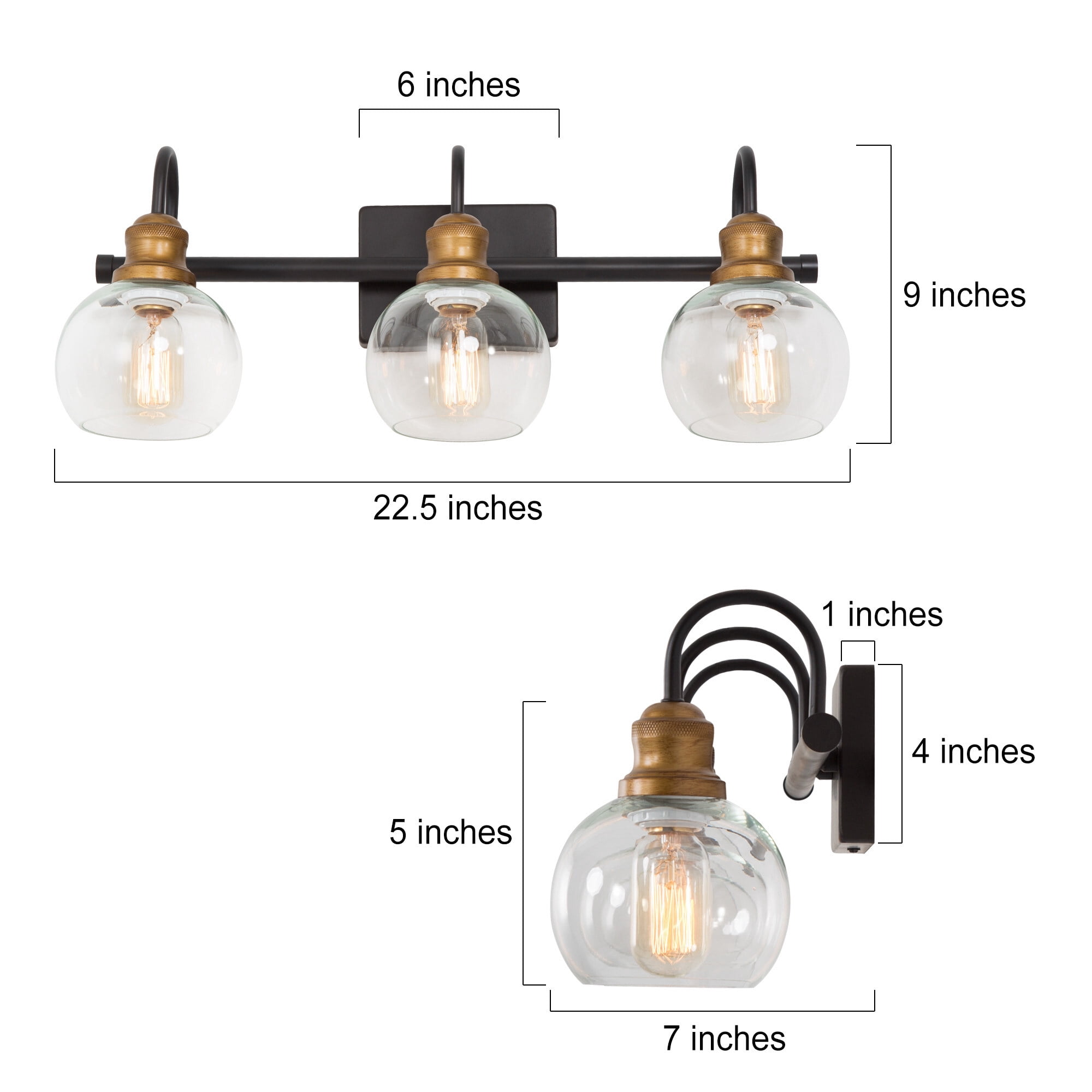 LNC 3-Light Black Round Clear Glass Modern Bathroom Vanity Lighting Fixutre