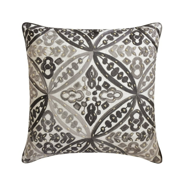 The HomeCentric Decorative Grey Pack of 2, 16"x16" (40x40 cm) Throw Pillows, Cotton Embroidery & Pearl Throw Pillows For Couch, Geometric Pattern Modern Style Easter - Adilah
