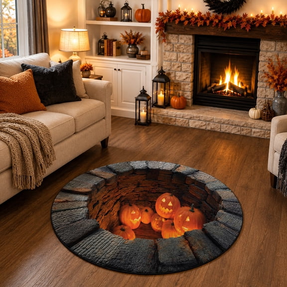 3D Pumpkin Well Pattern Round Halloween Floor Rug 80x80cm Soft Crystal Velvet Non Slip Decorative Mat For Entryway And Indoor Space (Orange,L)