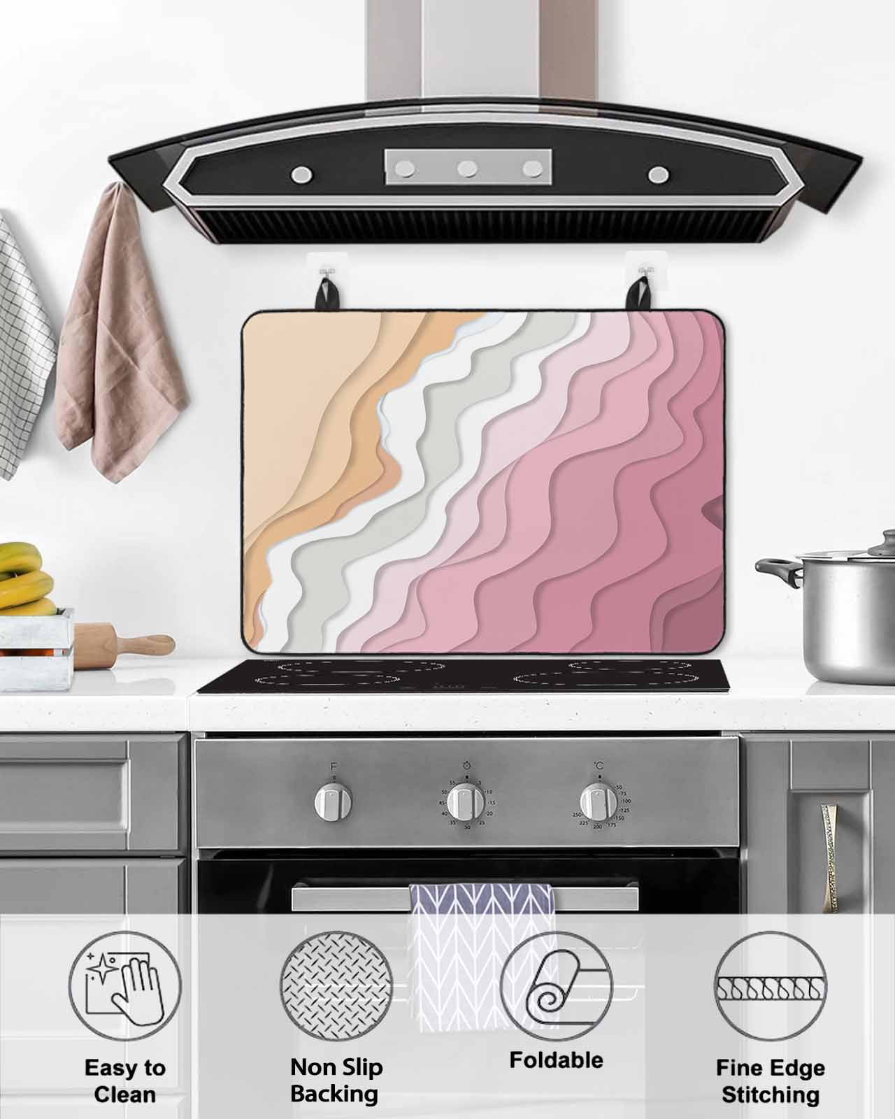 nqOlkjepod Large Induction Cooktop Protector Mat 36"x21", Pink Coastal Beach Stove Top Covers for Electric Stove, Country Romantic Simple Sea Waves Stove Burner Cover Mats, Glass Top Stove Cover