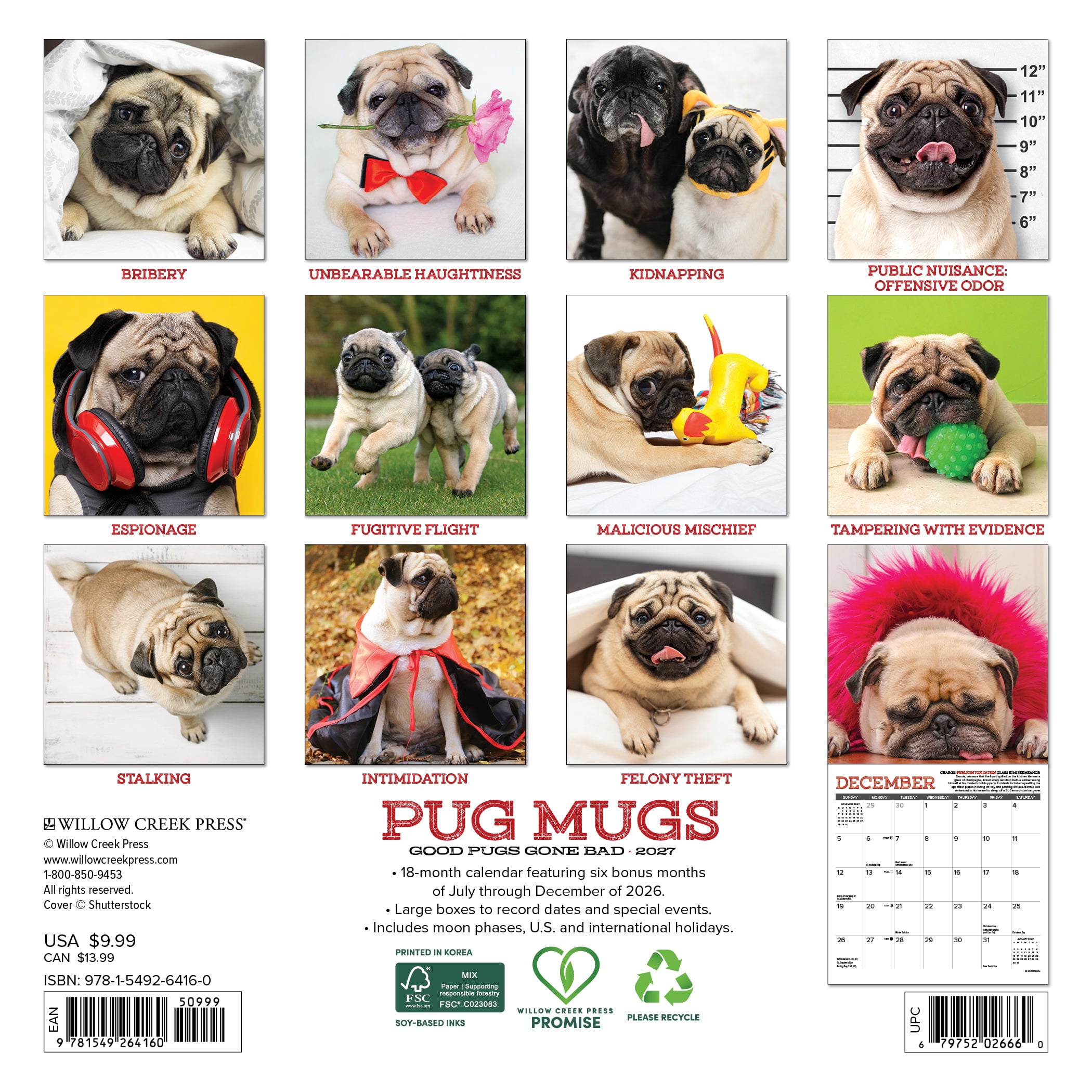 Willow Creek Press, Pug Mugs 2027 Mini Wall Calendar