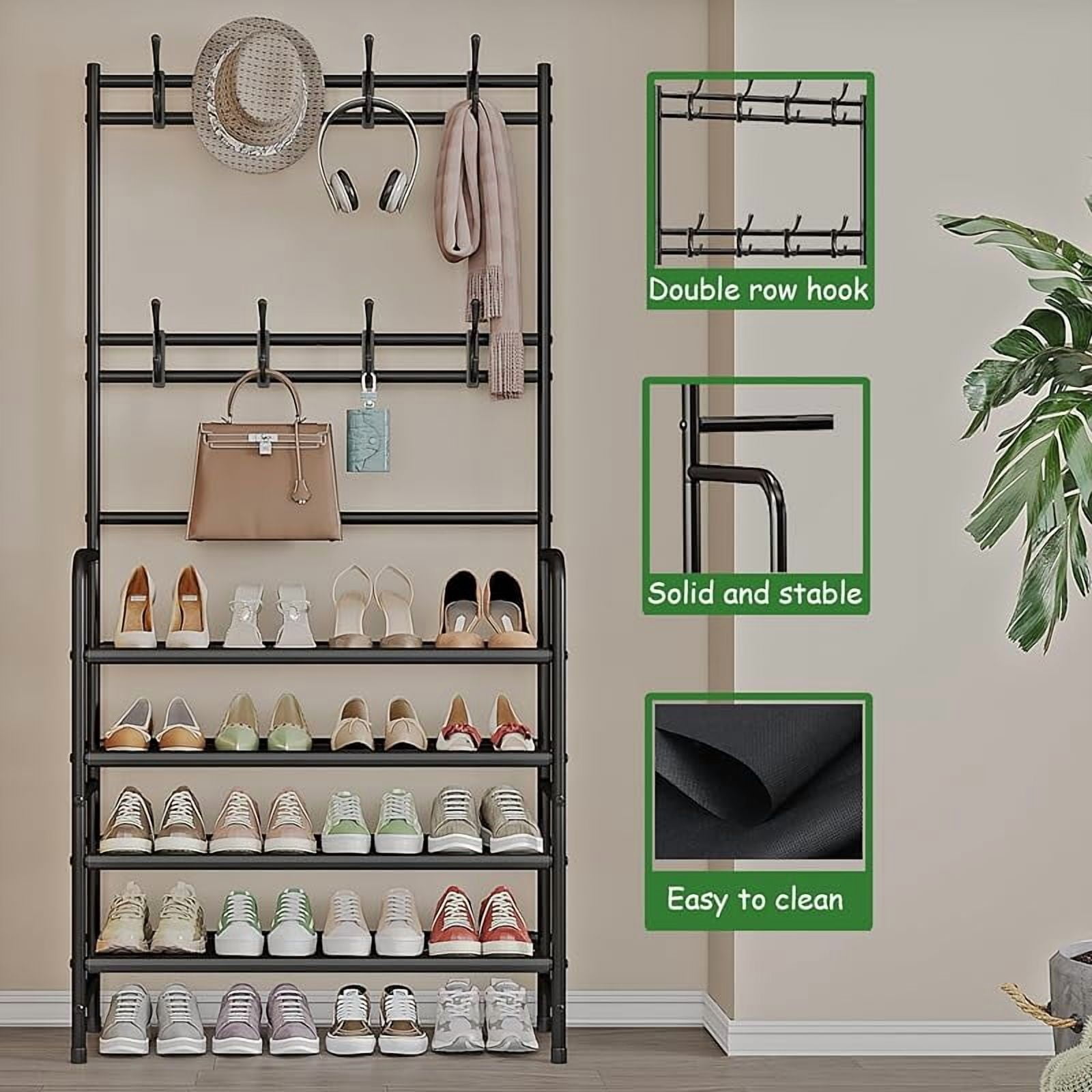 SEAMIKA Coat Rack Shoe Rack With Storage Shelf Freestanding with 8 Hooks for Entryway Bedroom Closet 4 Tier, Black