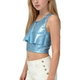 thumbnail image 4 of Girls Shiny Metallic Tank Tops Summer Sleeveless Ruffle Trim Crop Top Vest Belly Dance Sparkly Stage Y2k Outfits( Sky Blue, 9-10 Years ), 4 of 5
