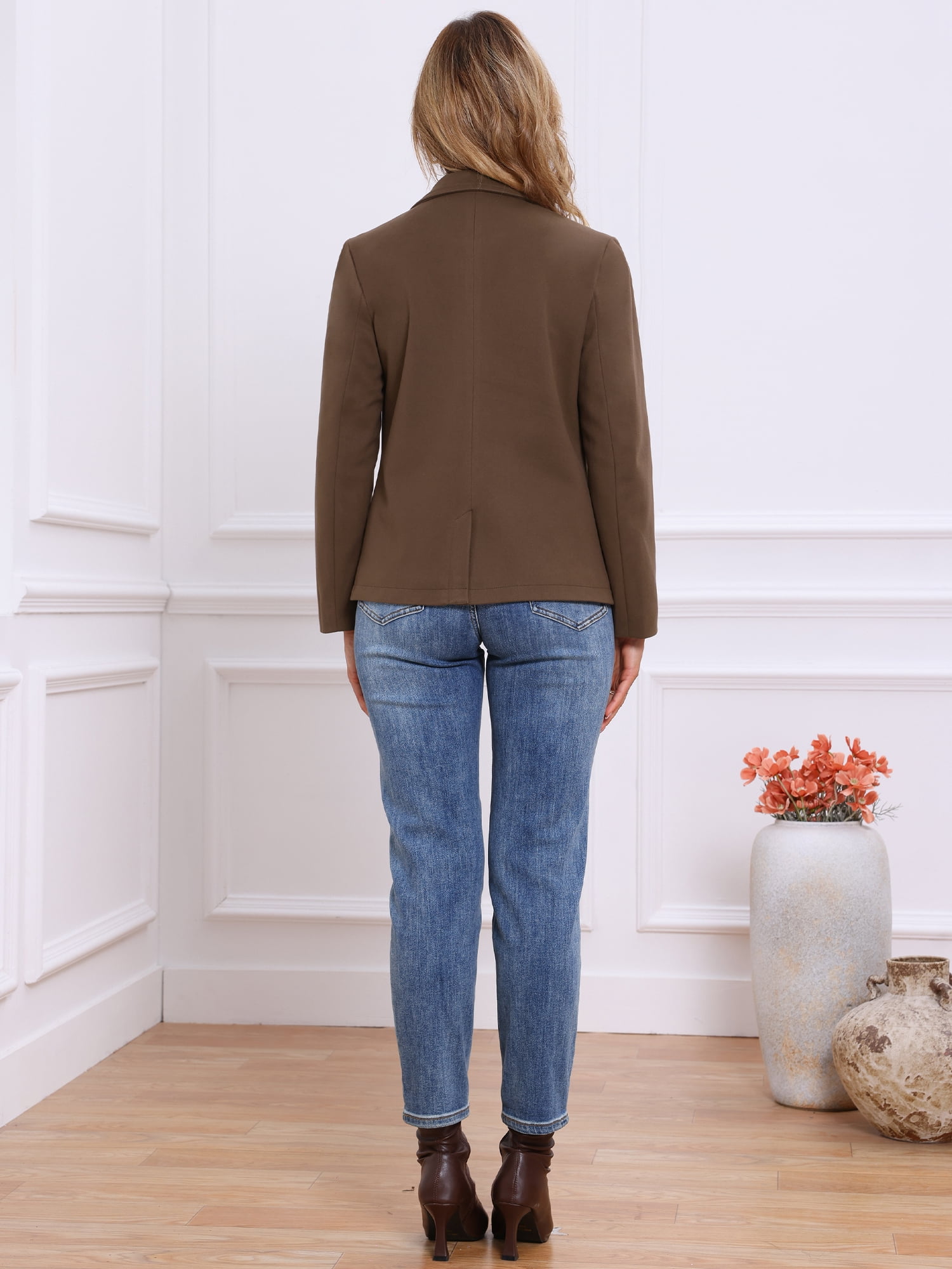 DARING DIVA Women's Notched Lapel Long Sleeve Work Blazer with Pocket S Brown