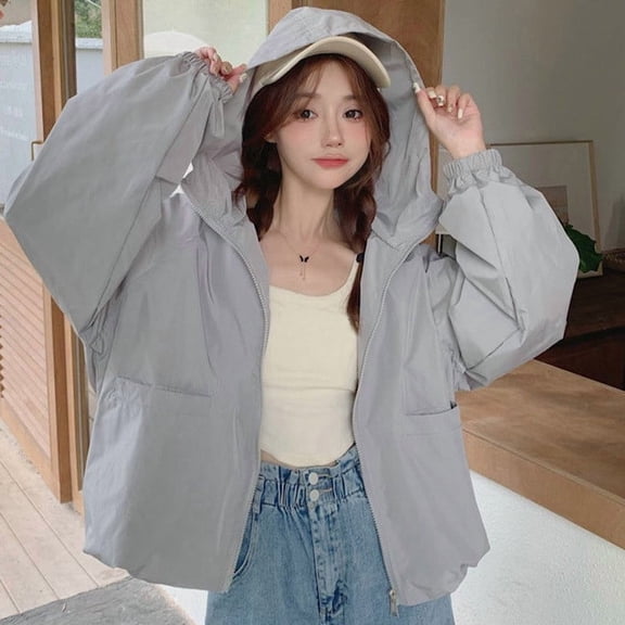 Snorda Jackets for Women Loose Hooded Windbreaker Jacket Full Zip Lightweight Rain Jacket with Pockets Solid Color Long Sleeve Jackets for Fall Daily Wear