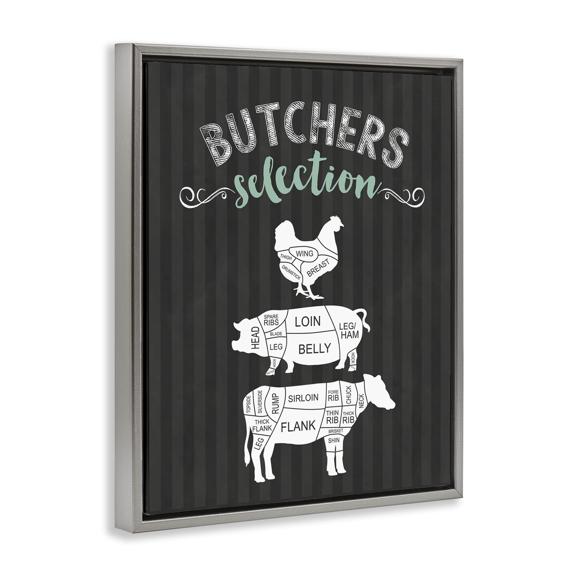Butchers Selection Animal Sections Gray Framed Floater Canvas Wall Art, design by Lettered and Lined