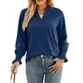 thumbnail image 5 of TEMOFON Long Sleeve Shirts for Women Fall Tops Casual V-neck Blouses Loose Fit T-Shirts Tunics Dressy Flowy Puff Long Sleeve Tops Lightweight Pullover Sweatshirts Solid Color Navyblue Plus Size XXL, 5 of 6