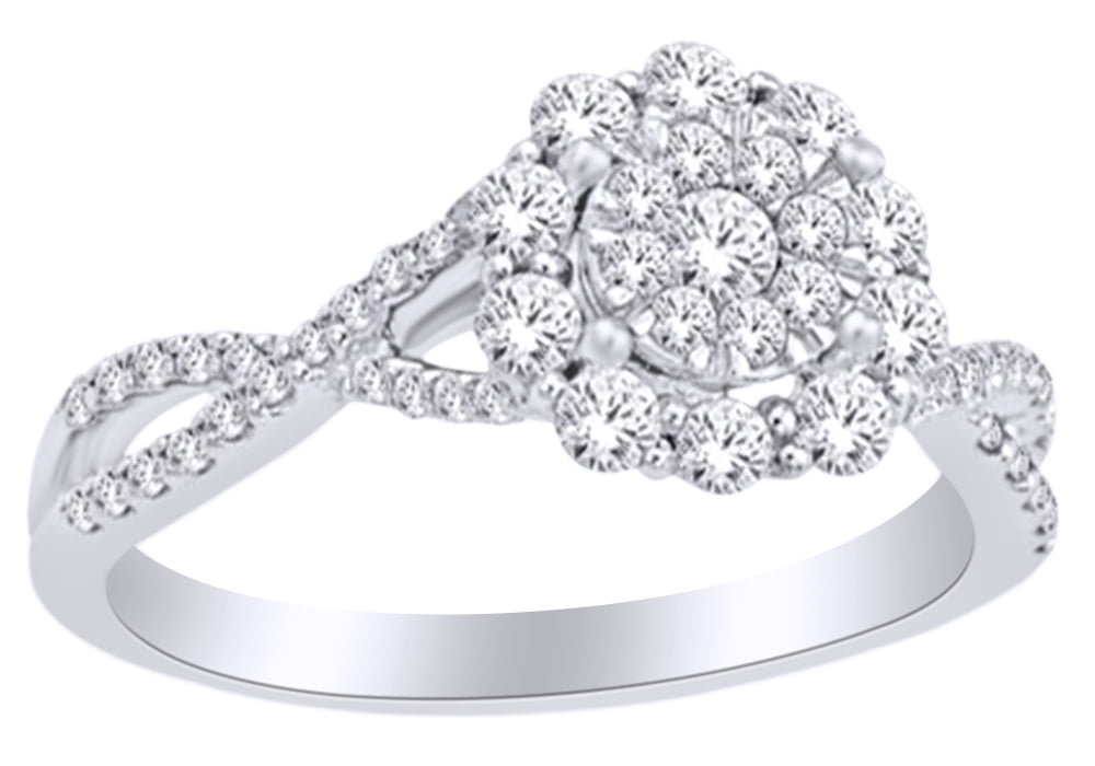 Round Cut White Diamond Floral Cluster Engagement Ring In 14K Solid