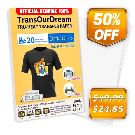 TransOurDream Printable Iron on Heat Transfer Paper for Dark Fabrics, Laser & Inkjet Printable, 8.5x11", 20 Heat Transfers