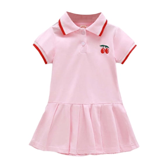 FINALGANG Girls Toddler Short Sleeve Polo Dress Cherry Embroidery Contrast Trim Collar Pleated Skirt Casual Dress For Daily Wear Stylish Dress