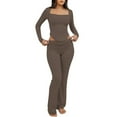 thumbnail image 4 of Kilaqueen Pj Sets for Woman Square Neck Long Sleeve Slim Fit Tops and Low Elastic Waist Flare Pants Trendy Solid Color Soft Comfy Lounge Sleepwear, 4 of 4