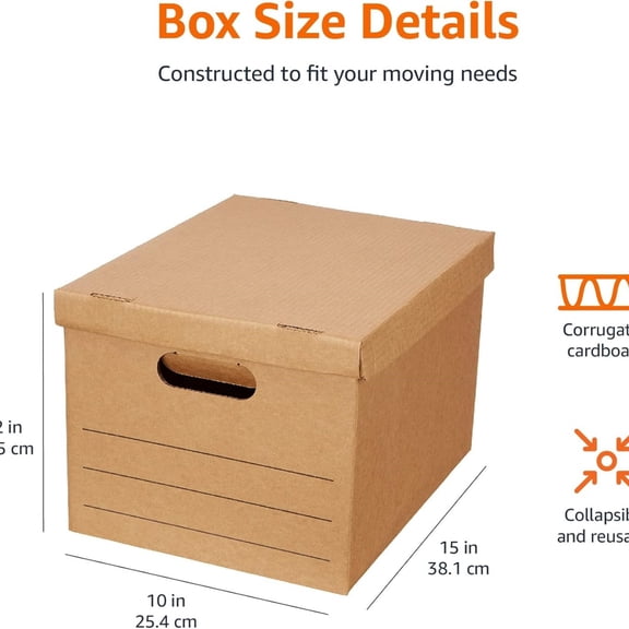 Moving Boxes with Handles and Lids, 19 x 14.5 x 15.5 in, Brown, 10-Pack, Medium