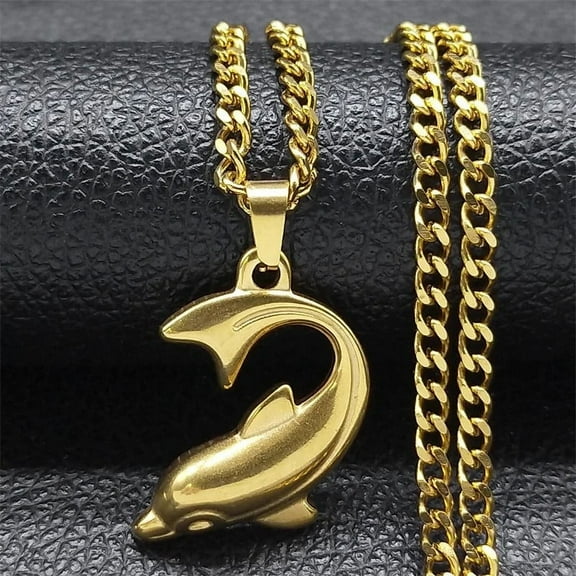 Fashion Dolphin Pendant Necklace for Women Men 14K Yellow Gold Animal Necklaces Jewelry Party Birthday Gift collares mujer