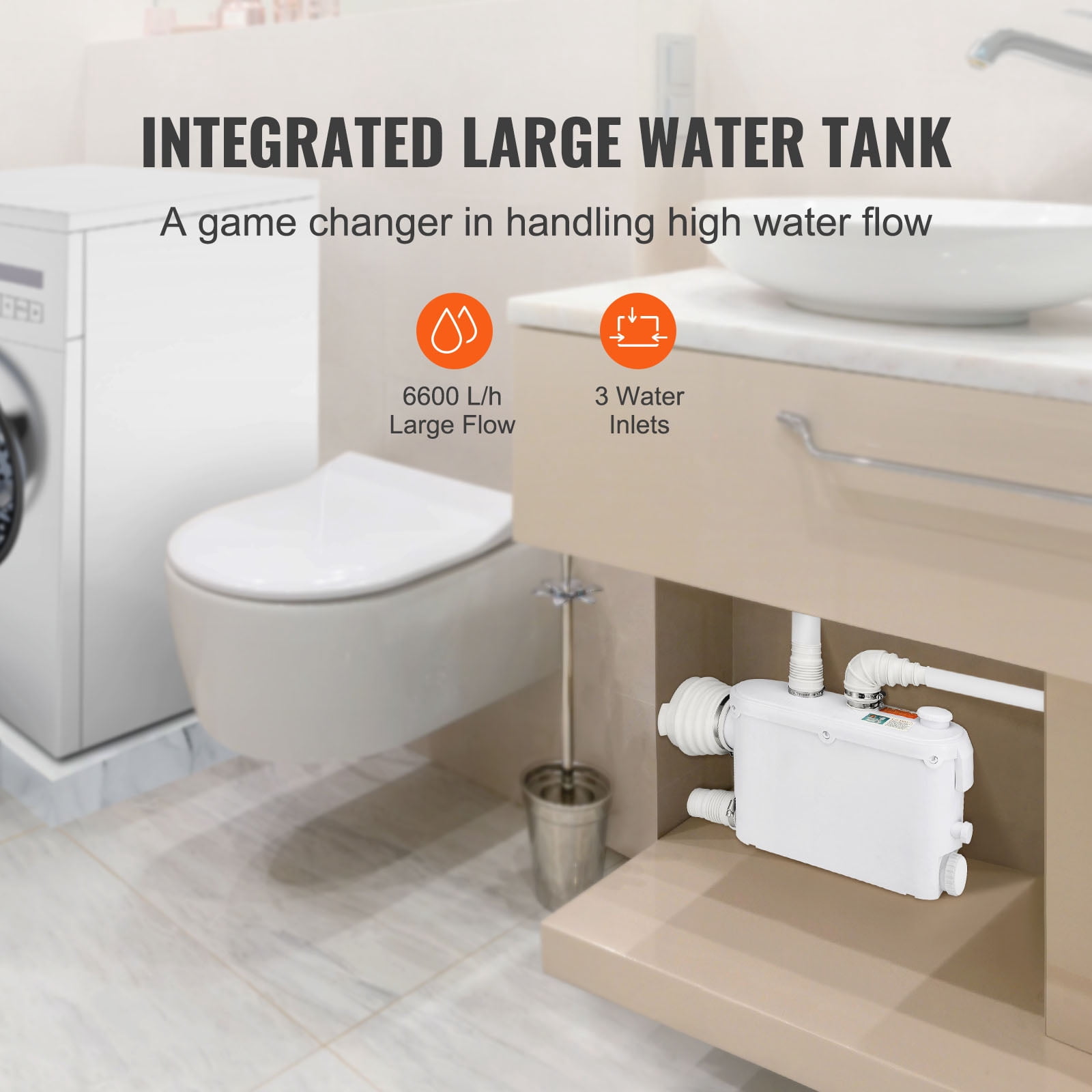 KFFKFF 500W Macerator Pump, 29 GPM Flow Rate, 26 ft/8 m Head, Wall-Mounted Toilet Pump with 4 Water Inlets, Upflush System for Waste Disposal in Toilets, Basements, Showers, Sinks, Laundry Areas