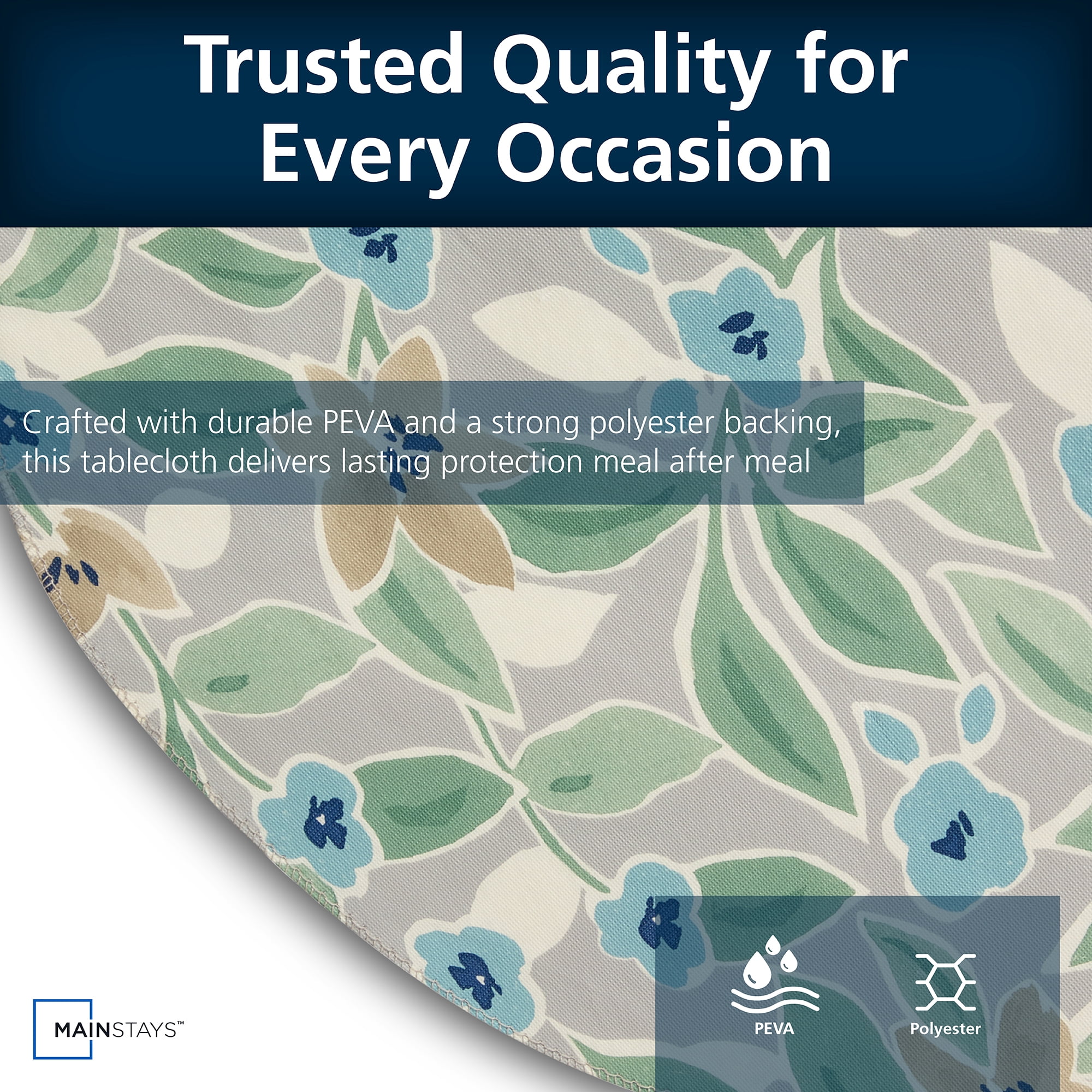 Mainstays PEVA Floral Tablecloth, Indoor & Outdoor Table Decoration 70" Round, Grey Floral