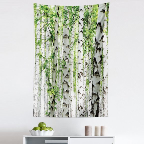 Forest Tapestry, Birch Trees in the Forest Summertime Wildlife Nature Outdoors Themed Picture, Fabric Wall Hanging Decor for Bedroom Living Room Dorm, 5 Sizes, White Green, by Ambesonne