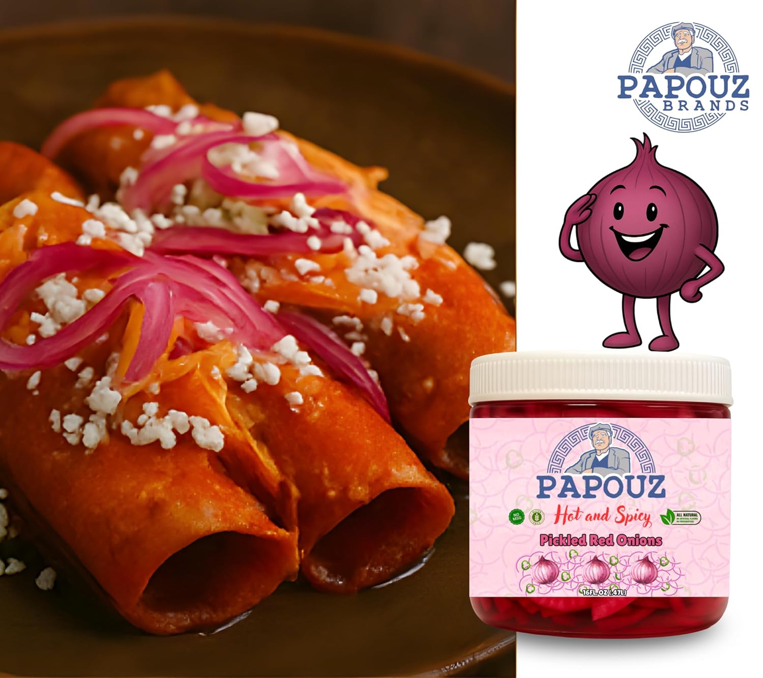 Papouz 64 Oz Hot & Spicy Pickled Red Onions Jar All Natural, Premium Red Onion & Jalapeño Blend w/ Vegetables, Low Calorie, Gluten Free, Fat Free, No Preservatives, Low Sugar