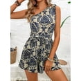 thumbnail image 4 of Women'S One Shoulder Leaf Print Tie-Up Short Skirt Sleeveless Layered Hem Formal Dress Casual Mini Jumpsuit  L, 4 of 8