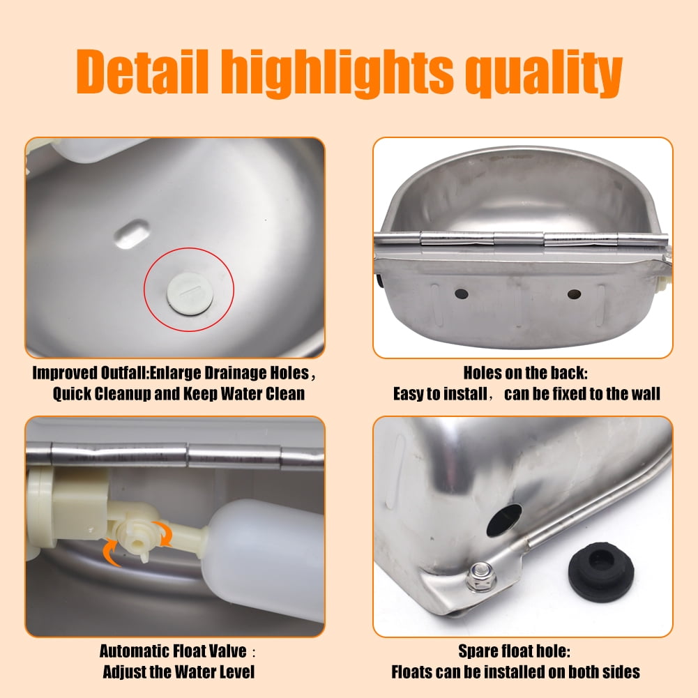 Automatic Animal Drinking Water Bowl with Float Valve and Drainage Hole, 304 Stainless Steel Livestock Dispenser Waterer Kits Included Water Hose, 3/4''Adaptor, Float Valves Mounting Bolts
