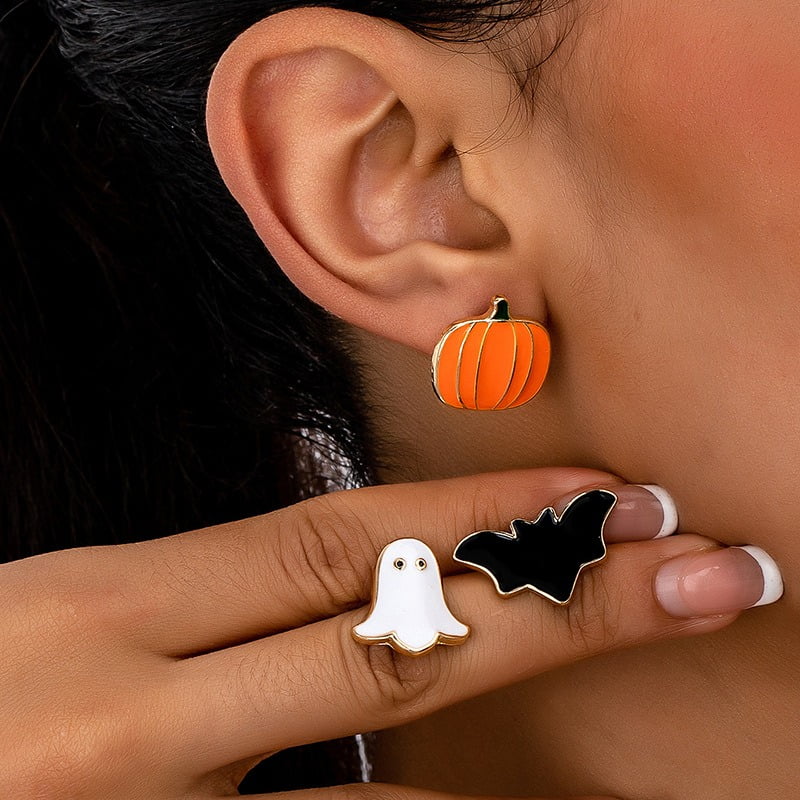 3 Pairs Halloween Stud Earrings Set for Women, Pumpkin Bat Ghost Earrings, Cute Orange Halloween Jewelry, Fun Holiday Party Accessories