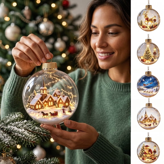 Glowing Christmas Story Ornament, Snow-Covered Christmas Village Acrylic Diorama Clear Ball, Light Up Christmas Tree Ornament for Holiday Decor