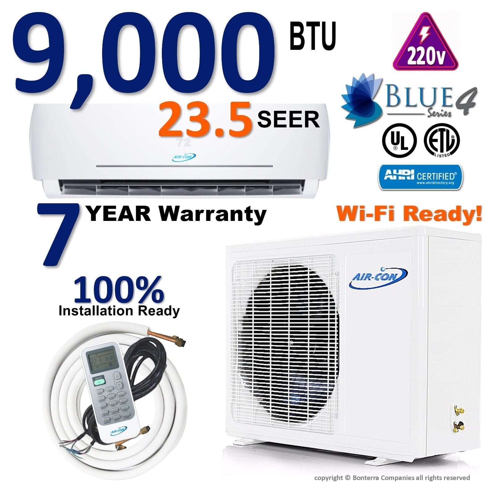 Air-Con 9000 BTU Blue 4 Mini Split AC Heat Pump Ductless 23.5 Seer 220v