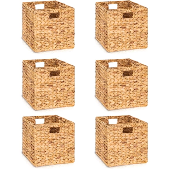 12.6x12.6in Wicker Storage Baskets (Fits Cubbies with 13.25" Inner Openings) - Handwoven Water Hyacinth Foldable Cube Bins for Shelves, Closets & Organizers