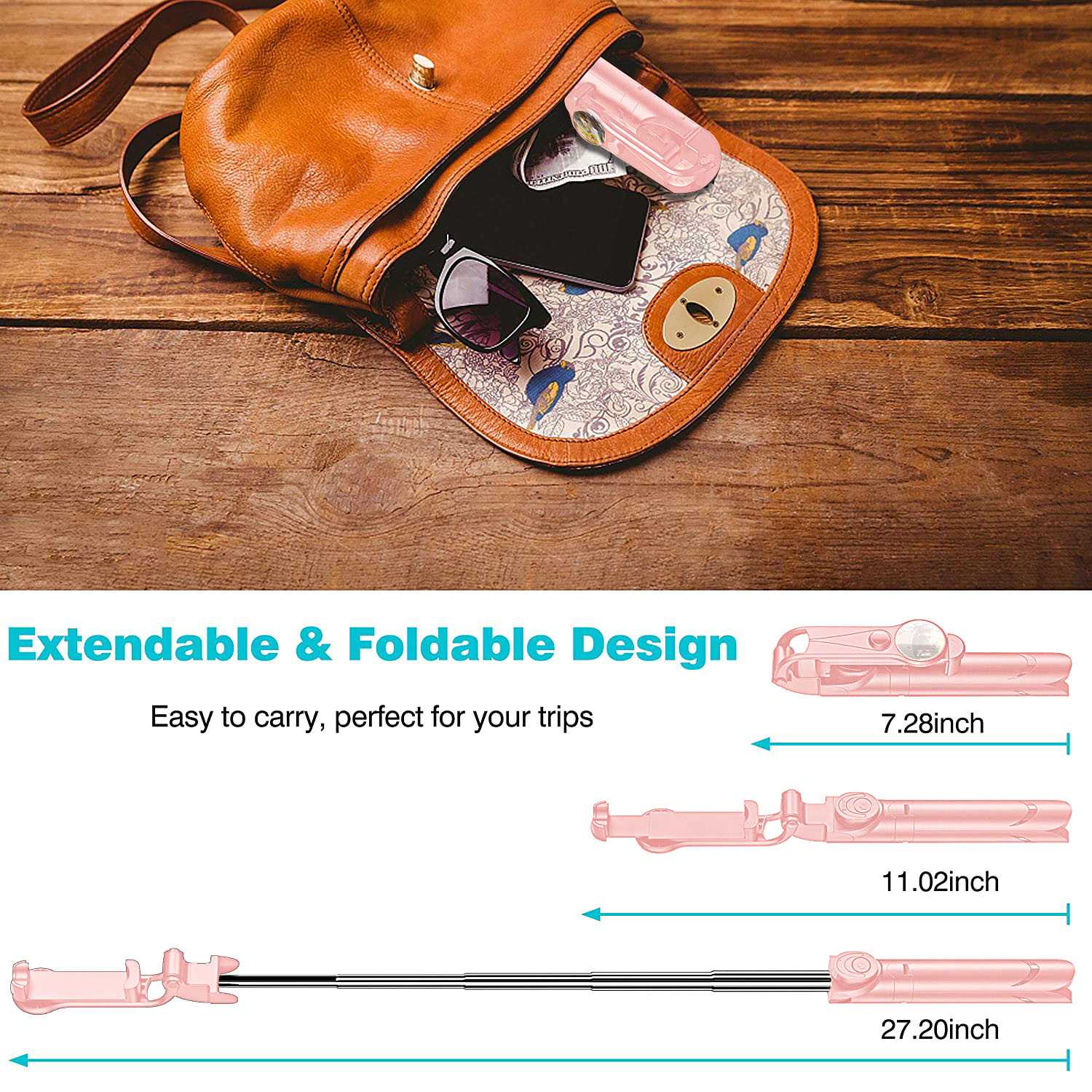 TiokMc Wireless Selfie Stick Tripod, 26 Inches Extendable, Pink photo 4