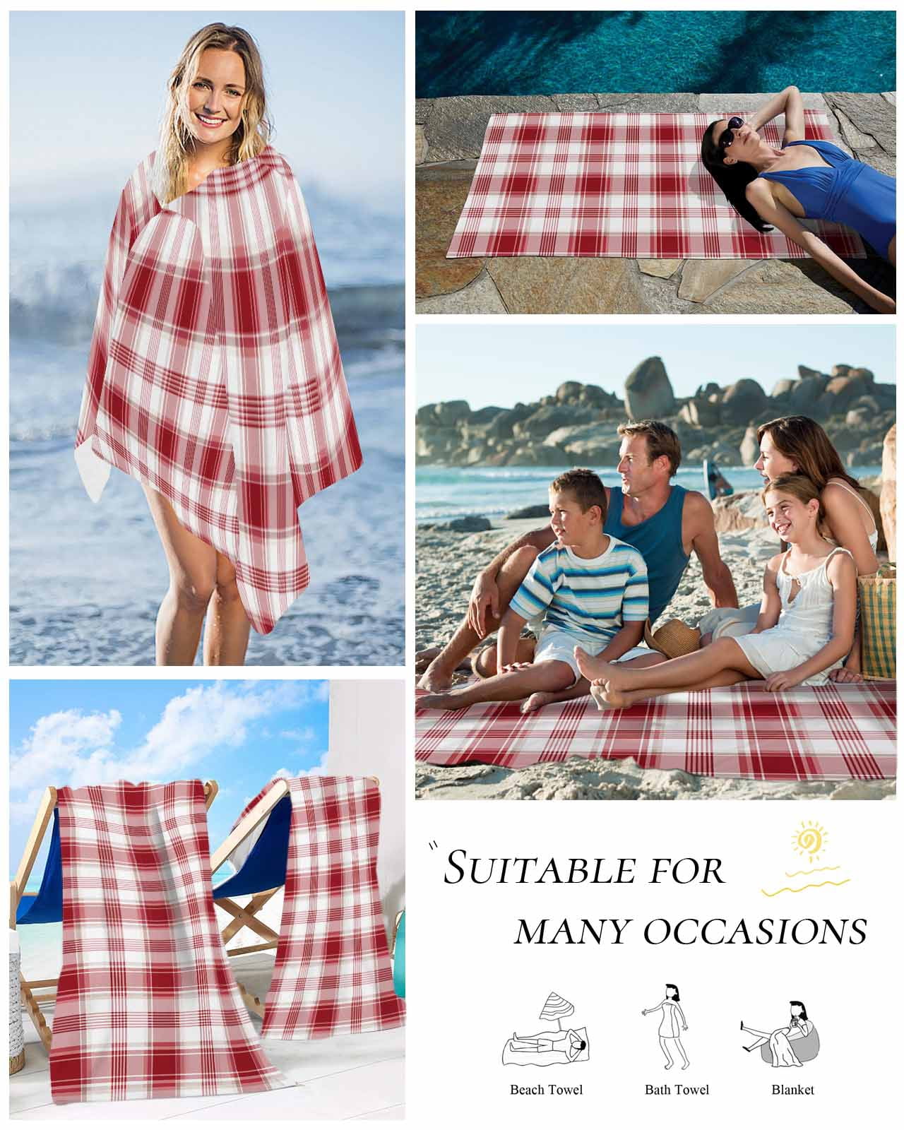 Red Checkered Beach Towels Oversized Super Absorbent, Red White Plaid Farmhouse Lightweight Bath Towel Quick Dry Sets For Bathroom/Pool/Rv Camping/Beach Play/Gym Room/Picnic 23"x47"