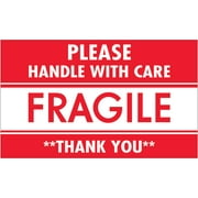 Tape Logic Preprinted Shipping Labels, SCL536, "Please Handle With Care Fragile Thank You," 3" x 5", Red/White, Pack Of 500