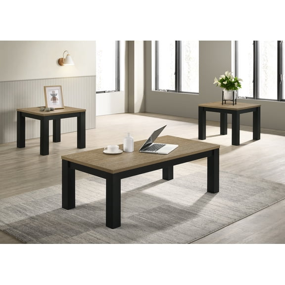 Miekor Furniture Brown Black 3-Piece Living Room Table Set Table Top Cocktail Table and Two Matching End Tables Wooden Furniture 4305