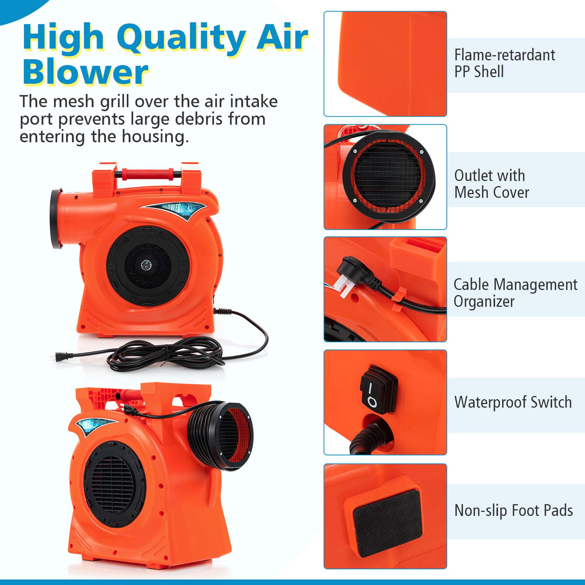 Costway 2 HP/1500W Air Blower Commercial Inflatable Bounce House Blower for Water Slide