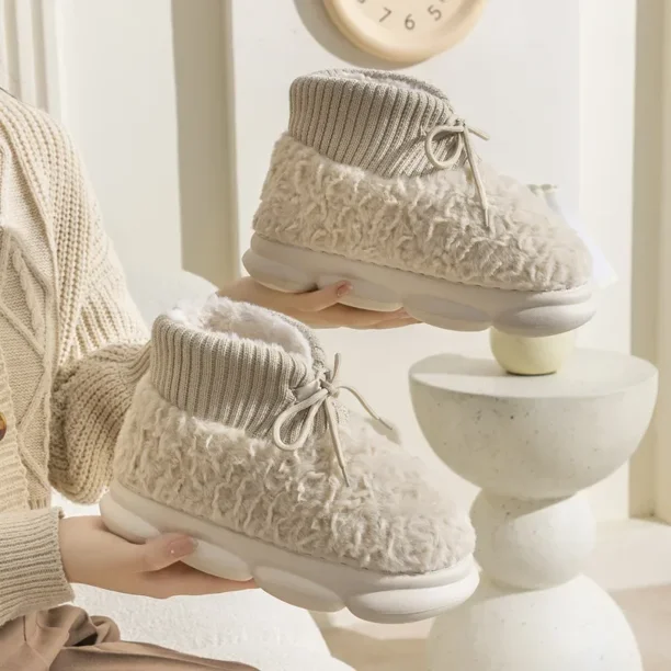 Botas de nieve de invierno para mujer, antideslizantes, con cordones, mullidas, a la moda, para parejas, con plataforma, para exteriores, de caña alta, planas, suaves, zapatos de piel para dama